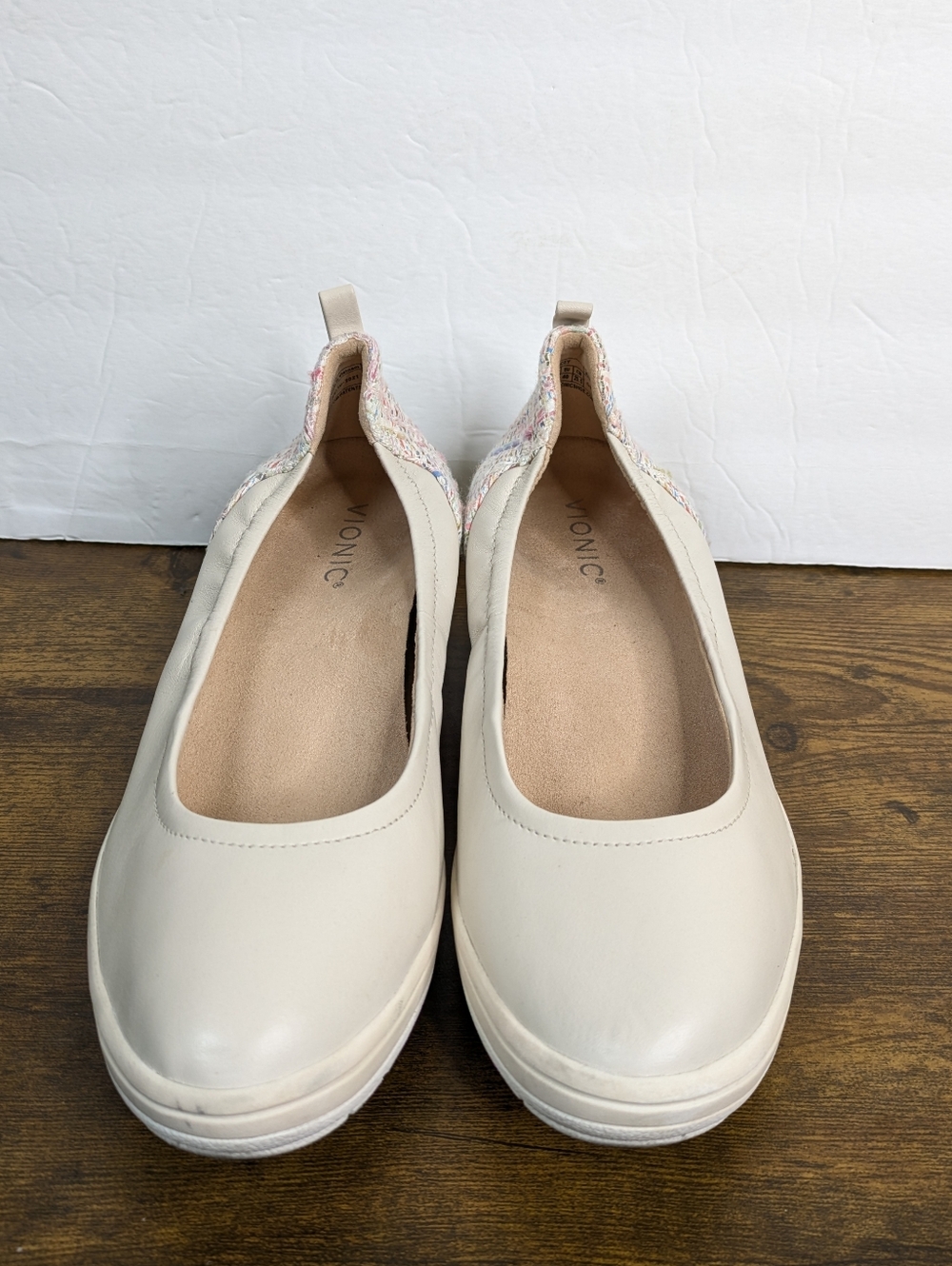 Vionic Jacey Wedge Pumps 8.5 Cream Leather Tweed Slip On Comfort Heels Shoes - Picture 3 of 11